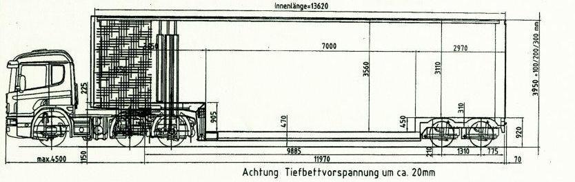 Meusburger 2-Achs-Jumbo-Tiefbett-Sattelauflieger mit Planenaufbau und Halbachsen