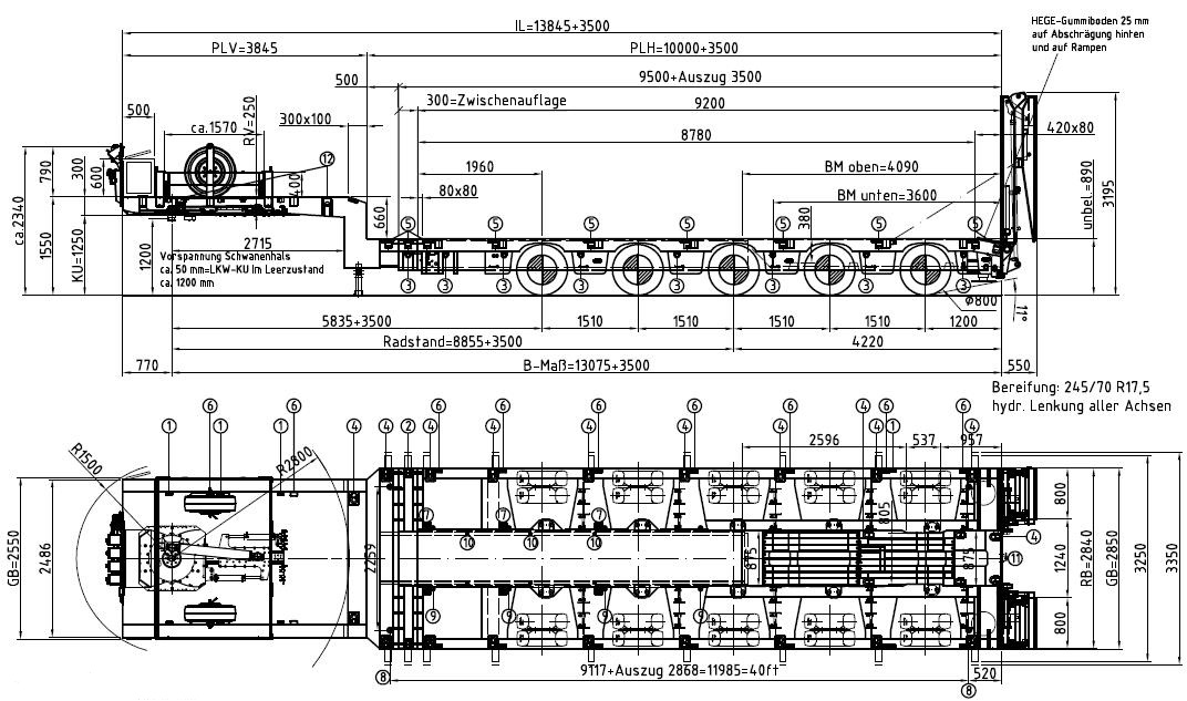 Meusburger 5-Achs-Tele-Semi-Sattelauflieger mit Halbachsen und hydraulischen Rampen