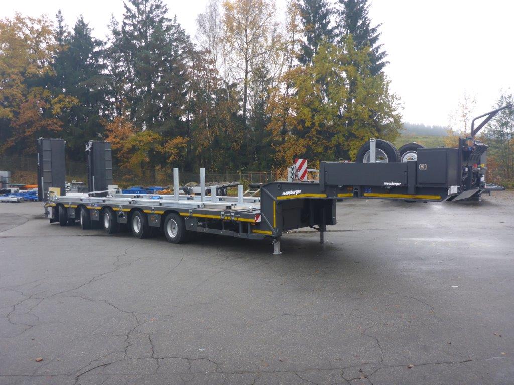 Meusburger 5-axle-tele-semi-trailer with half axles and hydraulic ramps