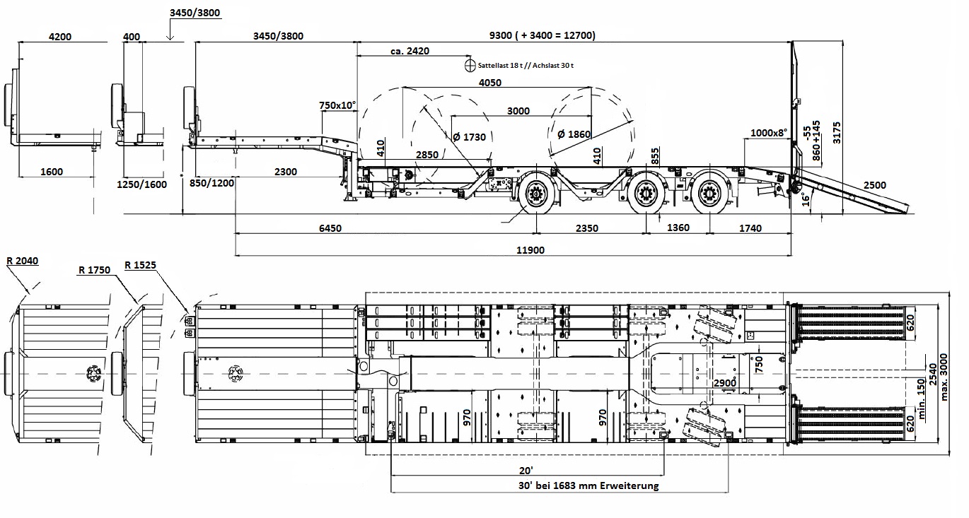 Maxtrailer 3-axle-tele-semi with 2 pairs of wheel recesses and ramps